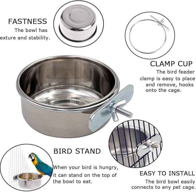 Tfwadmx Bird Feeding Dish Cups Parrot Food Bowl Clamp Holder Coop Cup, 2PCS Bird Cage Water Bowl for Parakeet African Greys Conure Cockatiels Lovebird Budgie Chinchilla