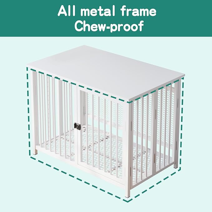 Heavy Duty Dog Crate Furniture, Fully Assembled exc. Locks, All Metal Frame & Wooden Tabletop, Modern Kennel for Small/Medium Dog, End Table, Sturdy, Foldable, White