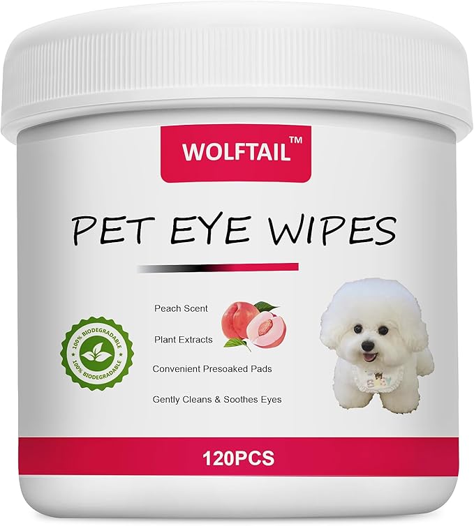 Dog Eye Wipes, Tear Stain Remover for Dogs & Cats - 120pcs Remove Eye Discharge and Crust - Pet Cleaning Grooming Deodorizing Wipes for Eyes/Face, Natural and Non-Irritating Peach Scent