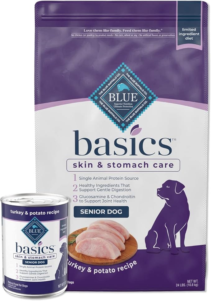 Blue Buffalo Basics Limited Ingredient Diet, Natural Senior Dog Food Bundle, Dry Dog Food and Wet Dog Food, Turkey (24-lb Dry Food + 12.5oz cans 12ct)