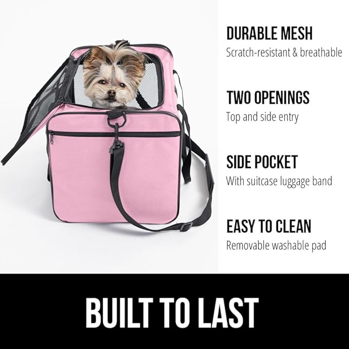 Gorilla Grip Airline Travel Cat Carrier Bag Up to 15 Lbs, Breathable Mesh Collapsible Pet Carriers for Small, Medium Cats, Small Dogs, Puppies, Portable Kennel with Soft Washable Waterproof Pad Pink