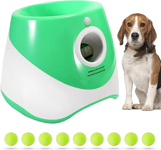 Automatic Dog Ball Launcher, Dog Ball Thrower Machine with 10-30Ft 3 Launching Distance, USB Rechargeable Dog Fetch Machine with 9 Tennis Balls for Indoor/Outdoor Throwing Game (Green)