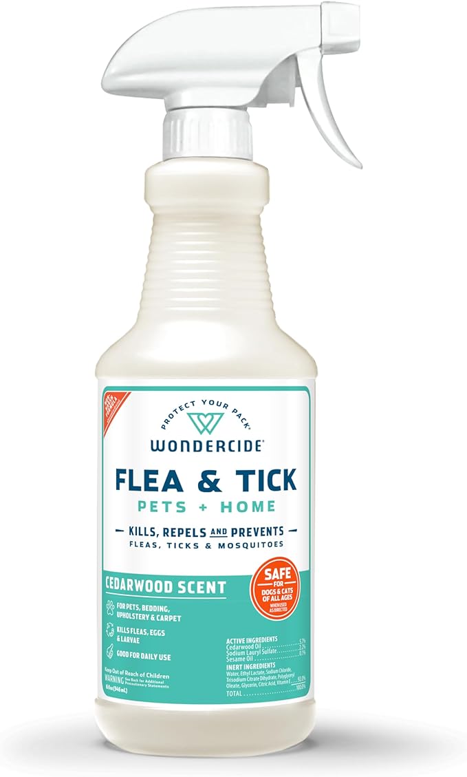 Wondercide - Flea, Tick & Mosquito Spray for Dogs, Cats, and Home - Tick Killer, Control, Prevention, Treatment - with Natural Essential Oils - Pet and Family Safe - Cedarwood 16 oz