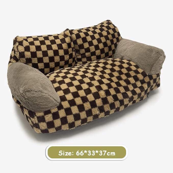 Pet Couch Sofa Bed, Checkers Plaid Washable Cat Beds for Medium Small Dogs & Cats Durable Plush Cat Couch Pet Sofa Bed Puppy Sleeping Bed Soft Anti-Slip (Khaki Plaid)