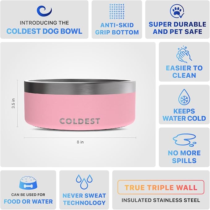 Coldest Dog Bowl - Anti Rust Metal & Non Slip Dog Bowls Large, Spill Proof Heavy Duty 3 Layers Insulated Dog Bowl - Food and Water Bowl for Dogs, Cats & Pets, Dishwasher Safe (64 oz,Cotton Candy Pink)