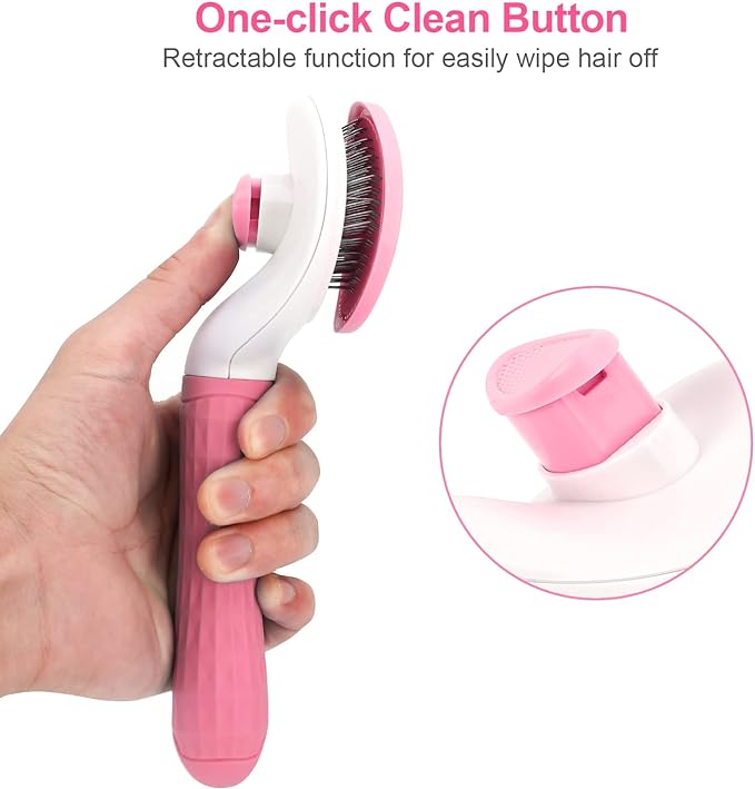 Depets Self Cleaning Slicker Brush, Dog Cat Bunny Pet Grooming Shedding Brush - Easy to Remove Loose Undercoat, Pet Massaging Tool Suitable for Pets with Long or Short Hair Pink