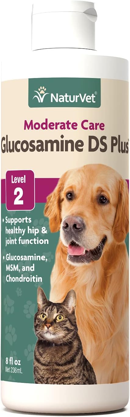 NaturVet Glucosamine DS Plus Hip & Joint Support Liquid Pet Supplement – Level 2 Moderate Care for Dogs & Cats – Includes Glucosamine, MSM, Chondroitin – 8 Oz.