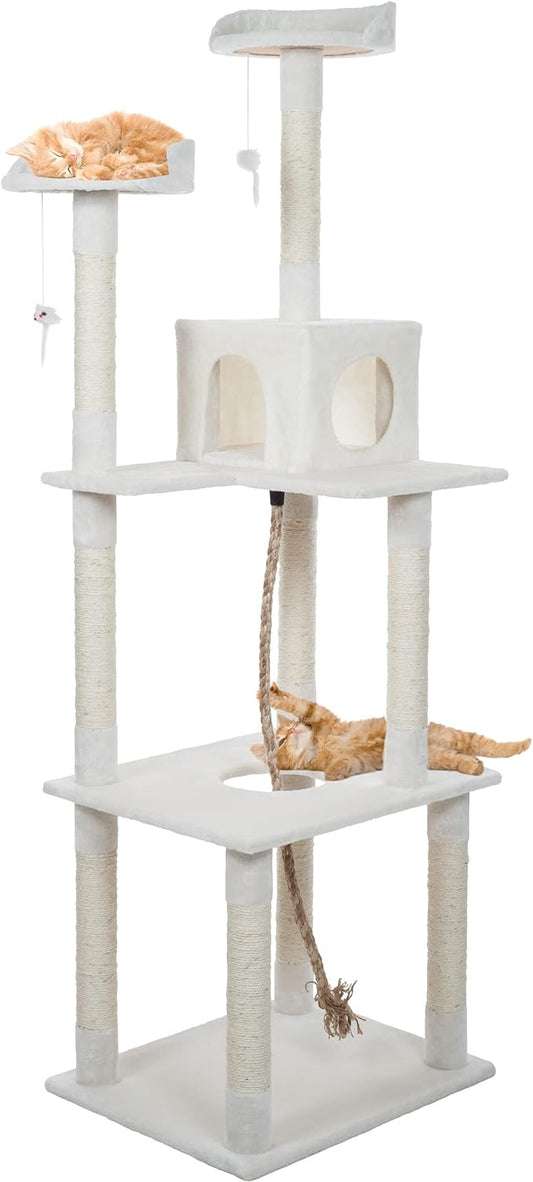 Cat Tree - 6-Foot Cat Tower for Indoor Cats with Napping Perches, Kitty Condo, 9 Cat Scratching Posts, 2 Hanging Toys, and Rope by PETMAKER (Ivory)