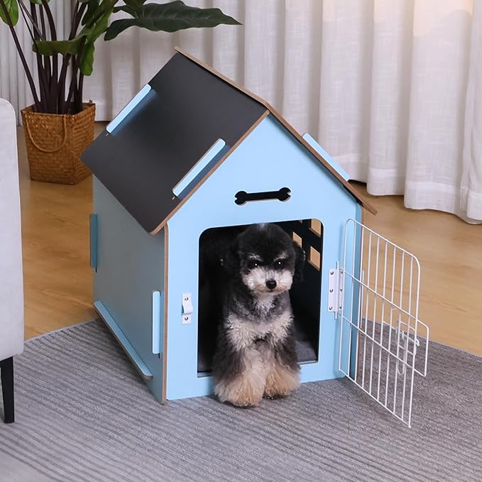 Dog House Indoor for Small Dogs or Cats, Cozy wooden design, Small indoor bed house, with Air Vents and Elevated Floor Warm Dog Cave (Large Blue)