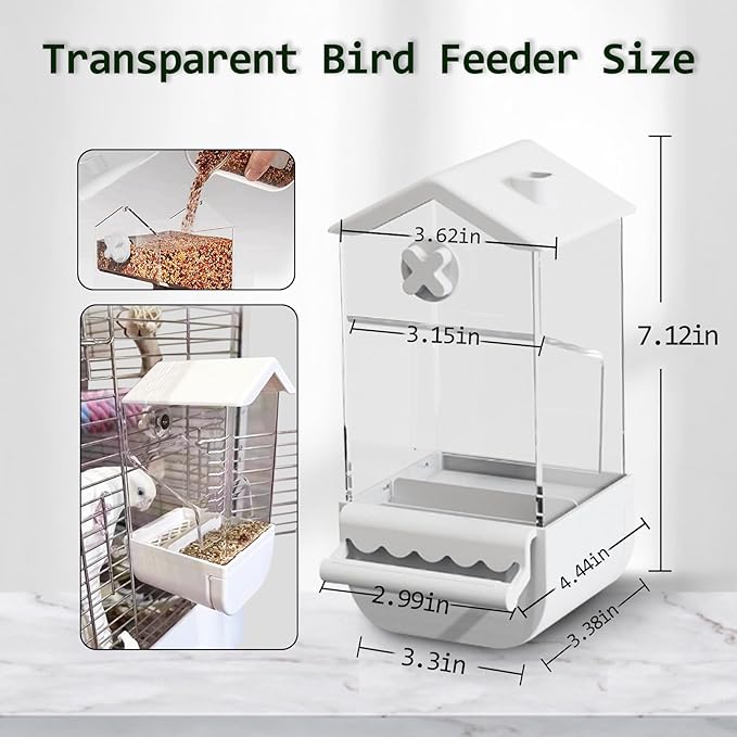 No Mess Bird Feeder for Cage 5Pcs Automatic Parrot Feeder Transparent Acrylic Seed Food Container Cage Accessories with Ball Toy for Small and Medium Parakeets Lovebirds Canaries (White)