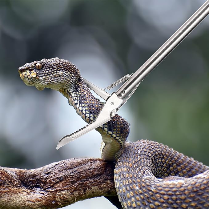 47" Professional Stainless Steel Snake Tongs, Collapsible Snake Reptile Grabber with Lock and Wide Jaw, Heavy Duty Rattle Snake Catcher Stick Handling Tool