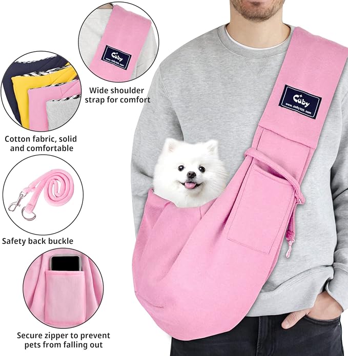 CUBY Dog and Cat Sling Carrier - Hands Free Reversible Pet Papoose Bag - Soft Pouch and Tote Design - Suitable for Puppy, Small Dogs Cats Outdoor (Pink, Unadjustable strap)