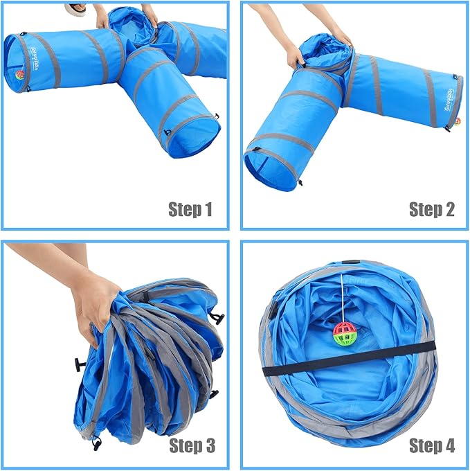 4 Way CAT Toy Tunnels - 47" x 47" x 10" Large Cat Tubes and Tunnels - Pop Up Design (Blue)