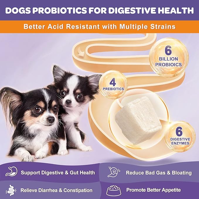 Probiotics for Dogs, 6 Billion CFUs, Freeze Dried Dog Probiotics with Prebiotics and Digestive Enzymes, Vitamins and Omega 3, for Gut & Skin & Immune Health, Allergy Itch Relief, Reduce Diarrhea, Gas