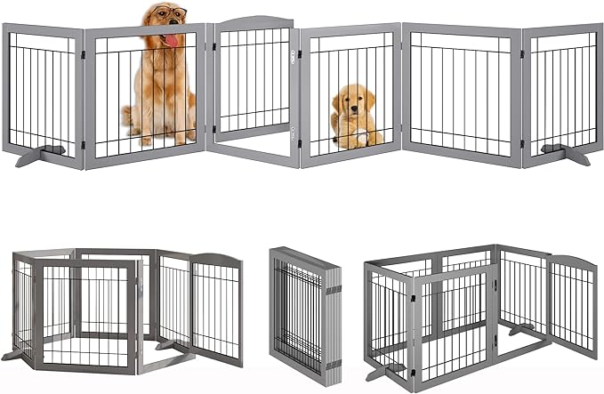 Folding Pet Gate 144" Wide, 30" Tall No-Assembly Wooden Dog Gate with Door Walk Through, Freestanding Wire Pet Gate, Pet Puppy Safety Fence, with 2PCS Support - Gray