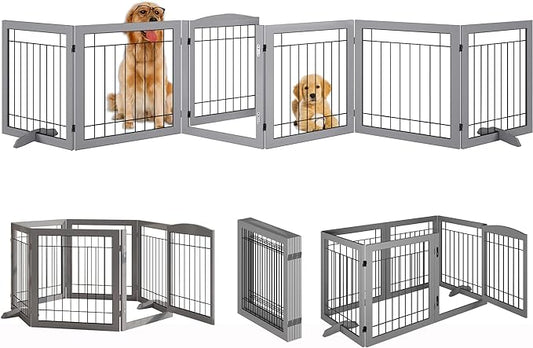 Folding Pet Gate 144" Wide, 30" Tall No-Assembly Wooden Dog Gate with Door Walk Through, Freestanding Wire Pet Gate, Pet Puppy Safety Fence, with 2PCS Support - Gray