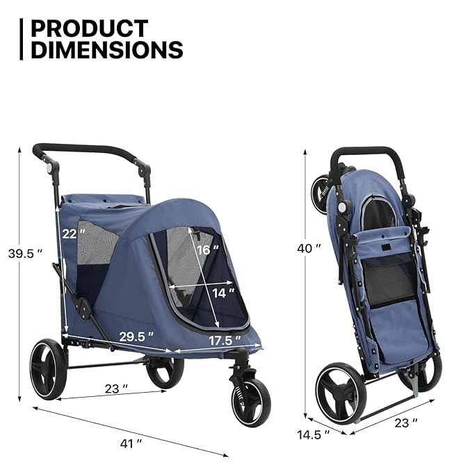 MoNiBloom Pet Stroller for Large Dogs or Multiple Dogs Cats with Adjustable Handle, 3-Wheels Dual Entry Portable Dog Carting Easy Folding Pet Wagon Double Dog Stroller up to 55 lbs, Navy Blue