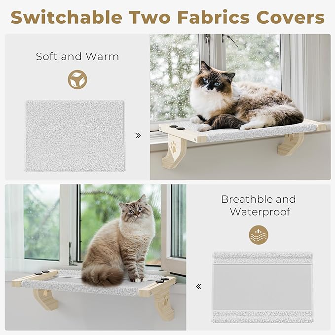 Cat Window Perch, Cat Window Hammock with Wood & Metal Frame for Large Cats, Adjustable Cat Perch for Windowsill, Bedside, Drawer and Cabinet(24.4''-White Plush) (Large Size - 24.4'')