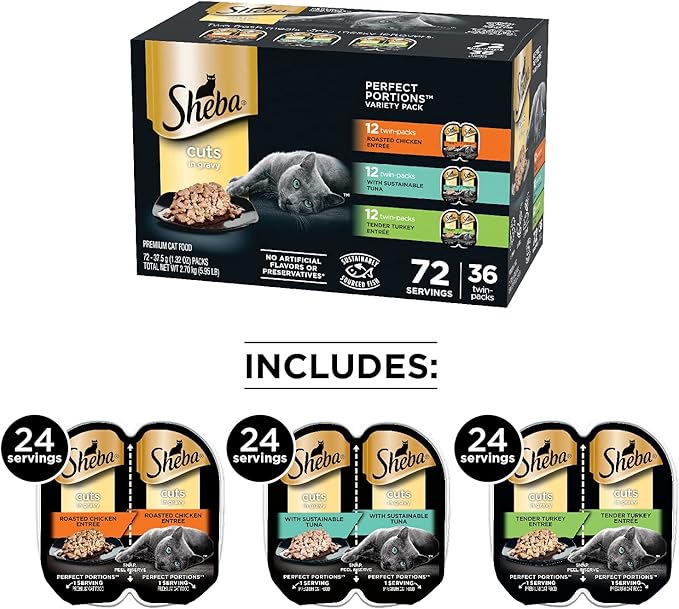 Sheba Perfect PORTIONS Cuts in Gravy Wet Cat Food Trays (36 Count, 72 Servings), Roasted Chicken, Signature Tuna and Tender Turkey Entrée, Easy Peel Twin-Pack Trays