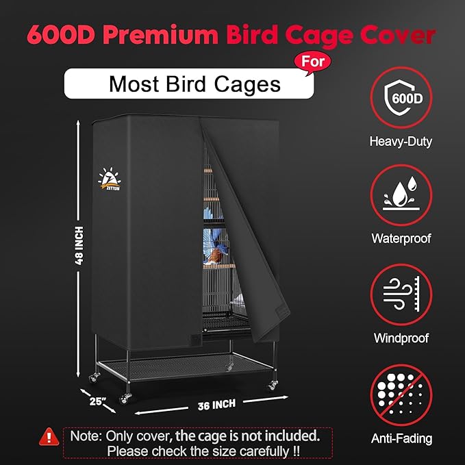 Bird Cage Cover - 600D Bird Cage Covers for Night Heavy Duty & Waterproof, Fade-Resistant Pet Bird Cage Cover Accessory for Parakeet, Parrot, Cockatiel and More Finches - 36 x 25 x 48 Inch