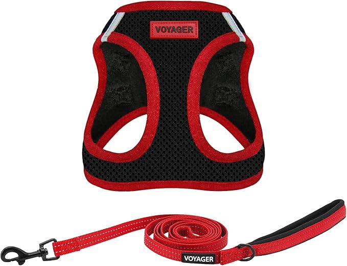 Voyager Step-in Air All Weather Mesh Harness and Reflective Dog 5 ft Leash Combo with Neoprene Handle, for Small, Medium and Large Breed Puppies by Best Pet Supplies - Red Trim, XL