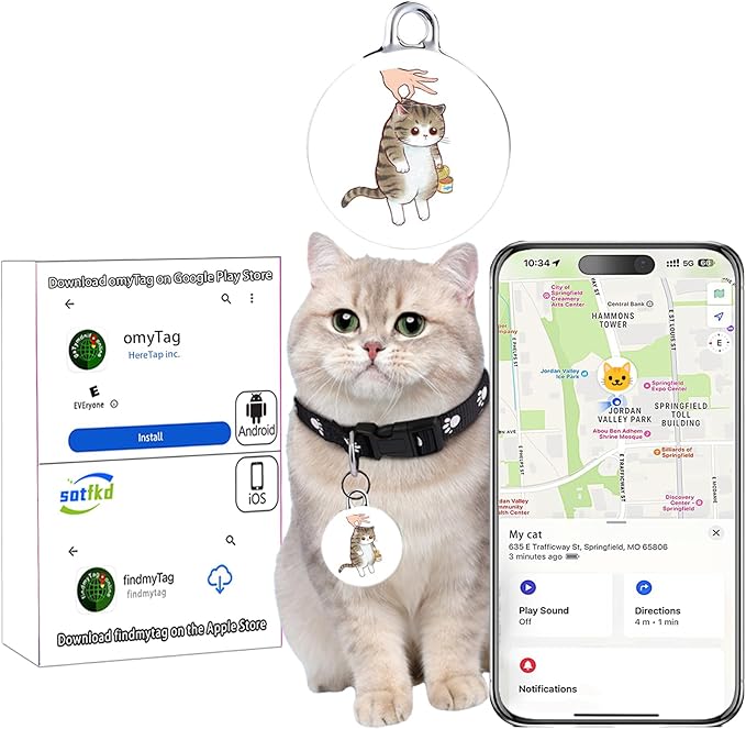 Cat Tracker-Cat Tracker Collar-Pet Trackers | Android and iOS Universal | No Monthly Fee | No Charging Required | Waterproof | Works with Any Collar