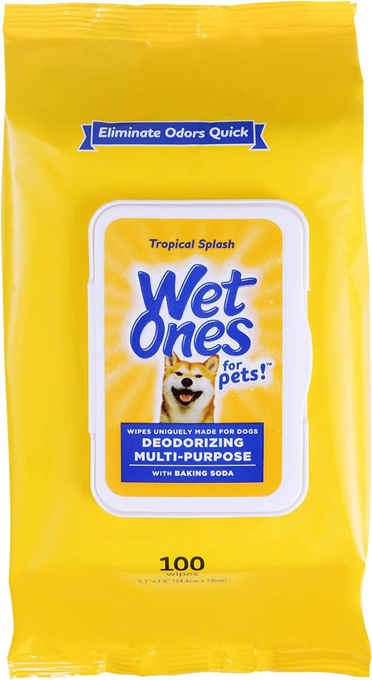 Wet Ones for Pets Desmellizing Multi-Purpose Dog Wipes with Baking Soda Dog Desmellizing Wipes for All Dogs in Tropical Splash Scent, Wet Ones Wipes for Desmellizing Dogs| Hundred Ct Pouch Dog Wipes