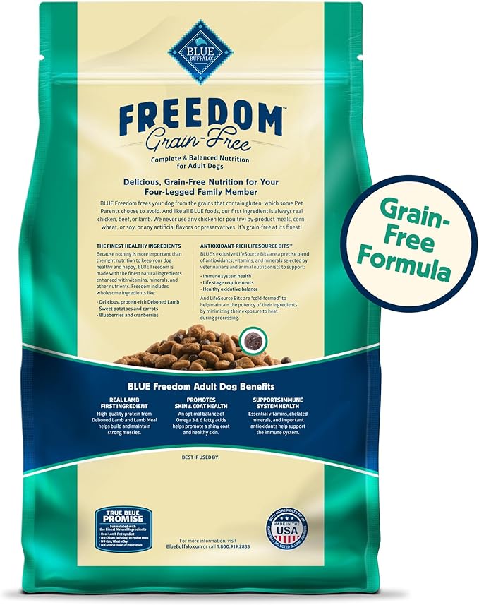 Blue Buffalo Freedom Grain-Free Dry Dog Food, Complete & Balanced Nutrition for Adult Dogs, Made in the USA With Natural Ingredients, Lamb & Potatoes, 24-lb. Bag