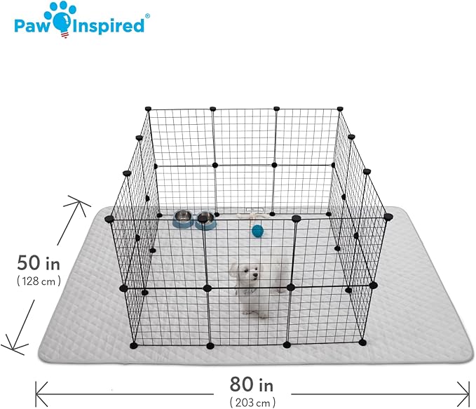 Paw Inspired 80x50” Waterproof Playpen Mat | Super Absorbent Fleece Cage Liner with Non-Slip Bottom | Pet Play Pen Pad for Dogs, Rabbits, Guinea Pigs, Hamsters, Small Animals (Light Gray)