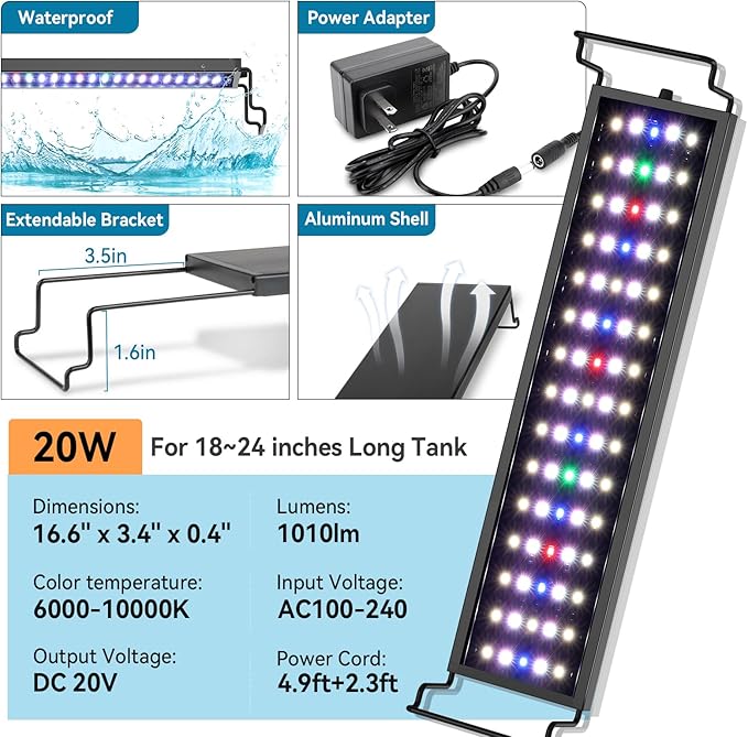 hygger Aquarium LED Light for Fish Tank Full Spectrum Lighting with 24/7 Day-Night Cycle Mode & Auto On/Off Timer, Adjustable Brightness, 7 Colors Options, Extendable Bracket for 18~24inch Freshwater