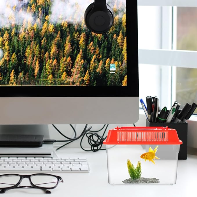 Baluue Portable Fish Tank, Handheld Fish Tank, Plastic Mini Fish Box, Transparent Cutout Design, Plastic Aquarium with Handle for Turtle and Pet Fish ((Red- Lid for Random))