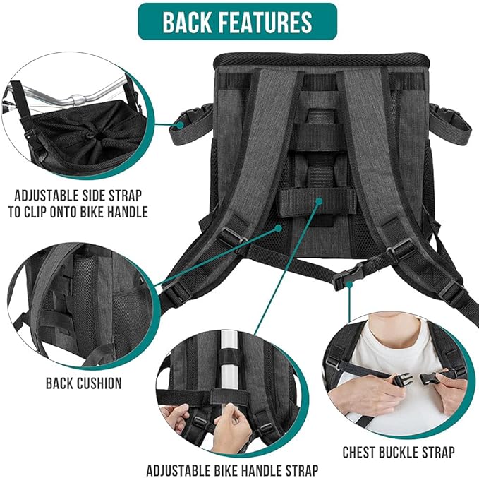 PetAmi Dog Bike Basket, Soft-sided Ventilated Dog Bike Carrier Backpack, Dog Pet Bicycle Basket for Bike Handlebar, Small Medium Puppy Cat Kitten Car Booster Seat with Safety Strap (Dark Gray)