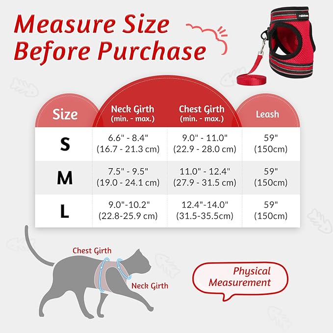 rabbitgoo Cat Harness and Leash Set for Walking Escape Proof, Adjustable Soft Kittens Vest with Reflective Strip for Cats, Comfortable Outdoor Vest, Red, L