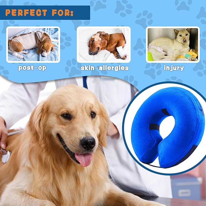 Inflatable Dog Cone Collar (M Size), Soft Blow-up Protective Recovery Dog Collar, Pet Donut Cone Collar, Comfy Elizabethan Collar After Surgery for Medium Dog to Prevent Biting, Blue