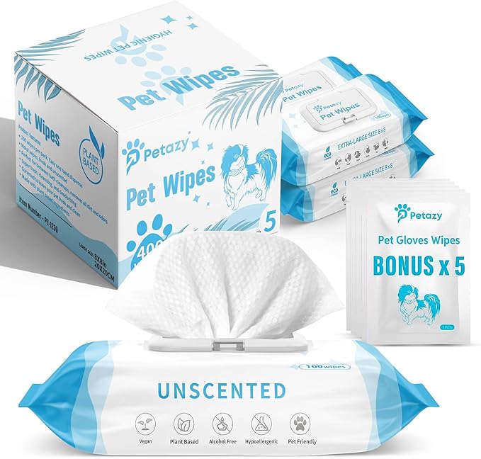 400 Dog Wipes for Paws and Butt Ears Eyes | Organic Pet Wipes for Dogs | Unscented Dog Wipes Cleaning Deodorizing | Extra Thick Paw Wipes for Dogs Cats Pets | Bonus Glove Wipes Included