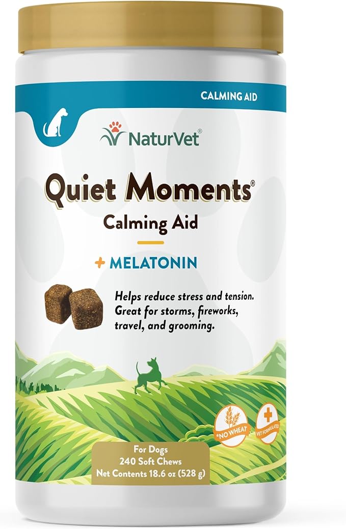 NaturVet Quiet Moments Calming Aid Melatonin Dog Supplement – Helps Reduce Stress in Dogs – for Pet Storm Anxiety, Fireworks, Motion Sickness, Grooming, Separation, Travel – 240 Ct. Chews