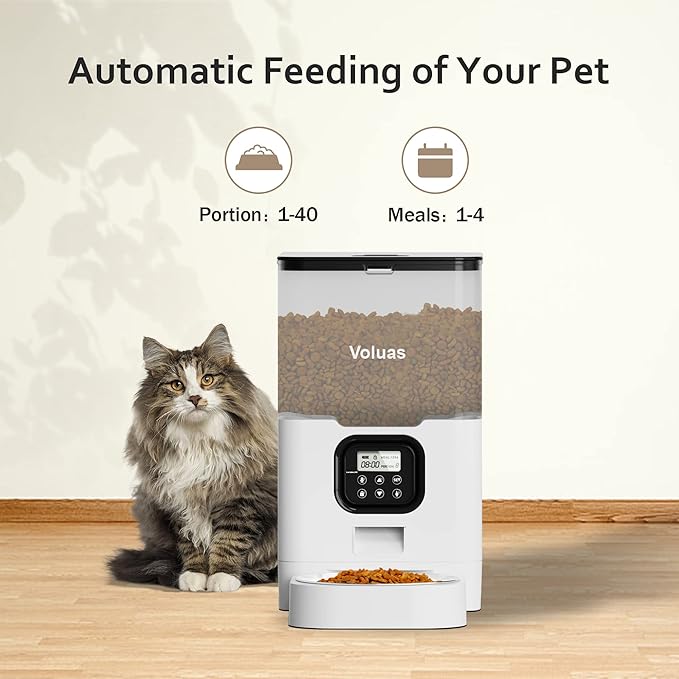 VOLUAS Automatic Cat Feeders - Pet Food Dispenser for Dry Food, Timed Cat Feeder with Desiccant Bag, Programmable Portion Size Control 4 Meals Per Day, 10s Voice Recorder