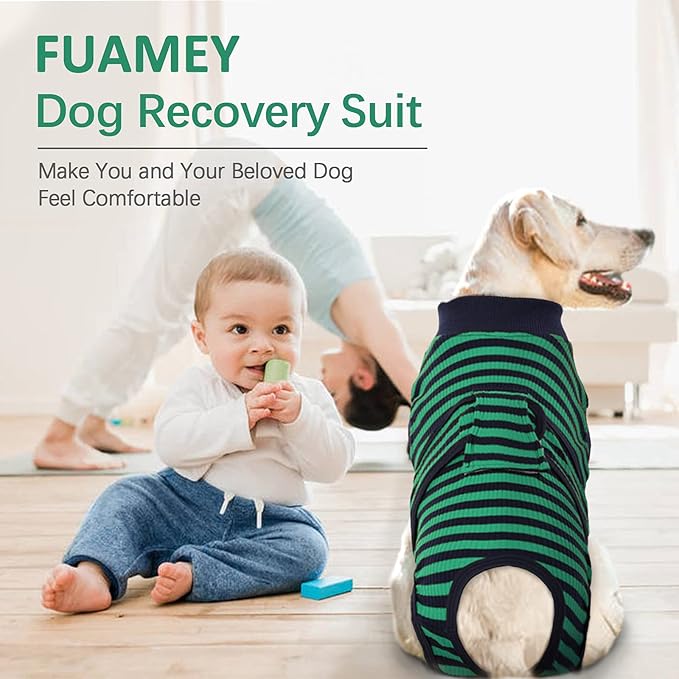 FUAMEY Recovery Suit for Dogs After Surgery,Soft Breathable Dog Bodysuit E-Collar & Cone Alternative Surgical Suit,Male Female Dog Neuter Spay Suits Anti Licking Wounds Onesie Green Black Stripes XXL