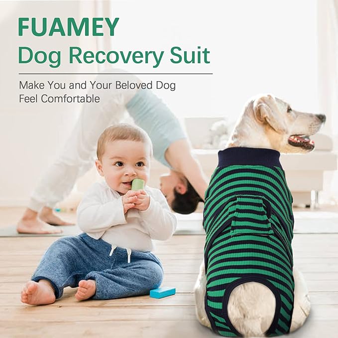 FUAMEY Recovery Suit for Dogs After Surgery,Soft Breathable Dog Bodysuit E-Collar & Cone Alternative Surgical Suit,Male Female Dog Neuter Spay Suits Anti Licking Wounds Onesie Green Black Stripes XL