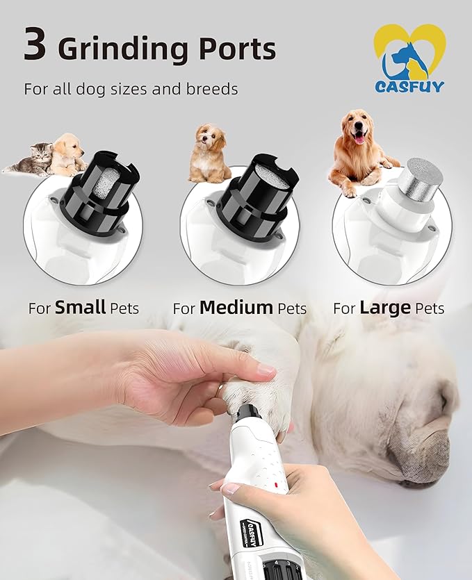 Casfuy Dog Nail Grinder Quiet - (45db) 6-Speed Pet Nail Grinder with 2 LED Lights for Large Medium Small Puppy Dogs/Cats, Professional 3 Ports Rechargeable Electric Dog Nail Trimmer with Dust Cap