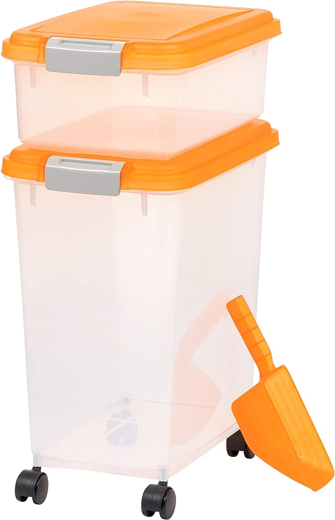 IRIS USA 30 lbs & 11 lbs Combo Airtight Dog Food Storage Container, Stackable Treat Box, 2-Cup Scoop, Wheels, Keep Fresh, Easy Mobility, Orange