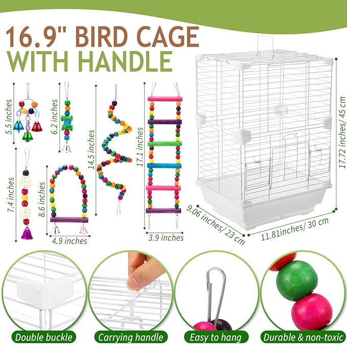 Parrot Starter Kit, 17.7" Bird Cage with Handle 6 Pcs Wood Bird Toys for Parakeets, Parrot Feeders Water Cage Bowls, Bird Cage Seed Catcher, Coconut Bird Nest Hut, Disposable Cage Liner