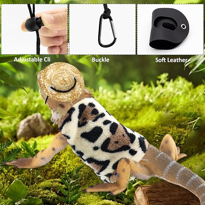 Bearded Dragon Leash and Harness Set, Bearded Dragon Accessories(Include Leopard Print Chest Pack, Lizard Clothing＆Leash, Small Straw Hat), Bearded Dragon Decor Suit for Outdoor Travel