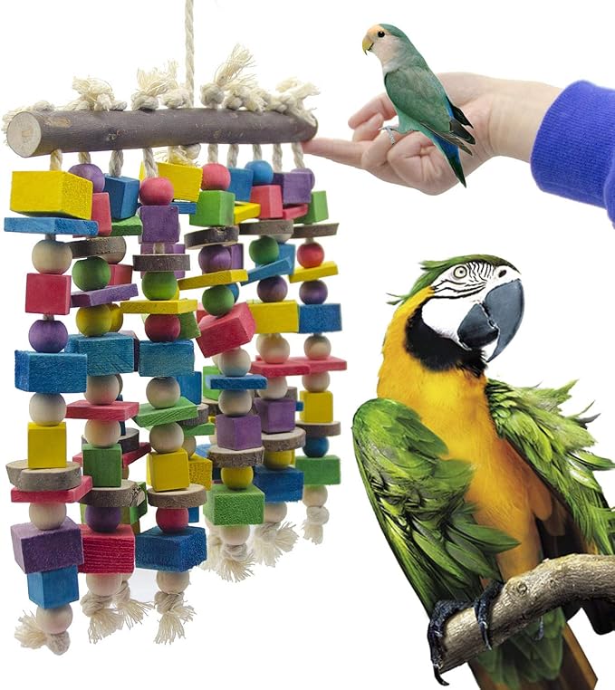 Large Bird Parrot Chewing Toy - Multicolored Natural Wooden Blocks Bird Parrot Tearing Toys Suggested for Large Macaws cokatoos,African Grey and a Variety of Amazon Parrots(15.7" X 9.8")