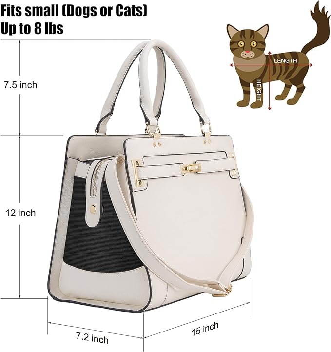 Fashion Pet Carrier Dog Cat Carrier Purse Soft-Sided Leather Handbag Pet Tote Bag for Small Dogs Puppy and Cats TSA Airline Approved (Beige)