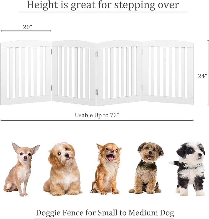 PAWLAND Wooden Freestanding Foldable Pet Gate for Dogs, 24 inch 4 Panels Step Over Fence, Dog Gate for The House, Doorway, Stairs, Extra Wide (White, 24" Height-4 Panels)