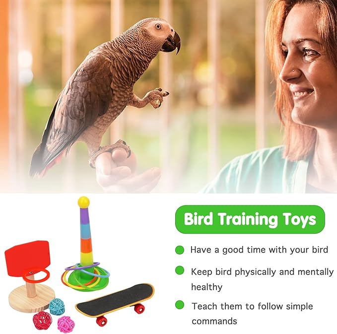 BWOGUE 12PCS Bird Training Toys Parrot Intelligence Toy Mini Sneaker Skateboard Parrot Wooden Block Puzzles Toy Bird Basketball Toy Stacking Rings for Budgie Parakeet Cockatiel Conure Lovebird