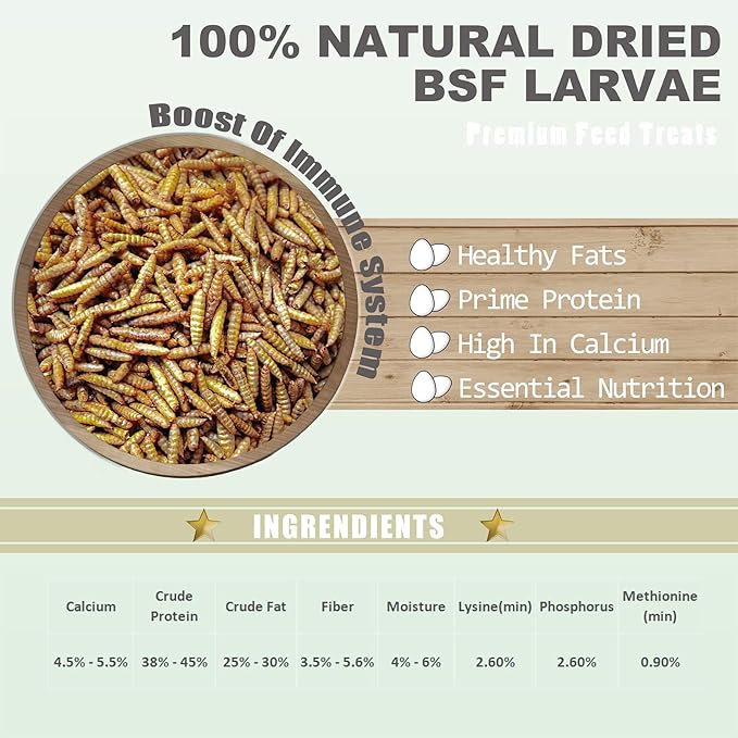 Amzey 10LBS Dried Black Soldier Fly Larva/Dried Mealworms - 100% Natural BSF Larvae - 85X More Calcium Than Mealworms - High Calcium Treats for Chickens, Birds, Hens, Ducks