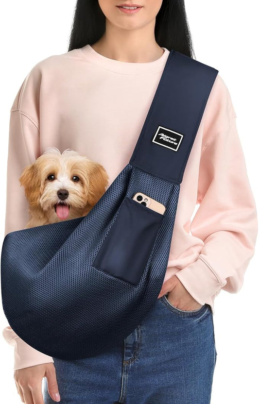 Dog Carrier Sling, Hand-Free Dog Sling Carrier for Small Dogs and Cats，Travel Safety Puppy Bag (Blue)