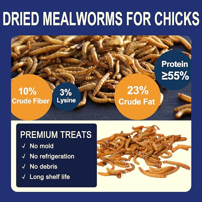 10LBS Non-GMO Dried Mealworms for Chickens, High Protein Meal Worms, Premium Chicken Feed, Perfect Bird Food and Chicken Treats, Whole Large Mealworms for Wild Birds, Ducks, Fish